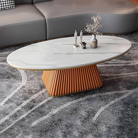 RUNNUP Oval Stone Coffee Table Modern Side End Table for Coffee Dinning Living Room Kitchen, Small Stand Contemporary Design Home Furniture Marble Table for Couch, 47" L x 24" W x 18" H White/Orange
