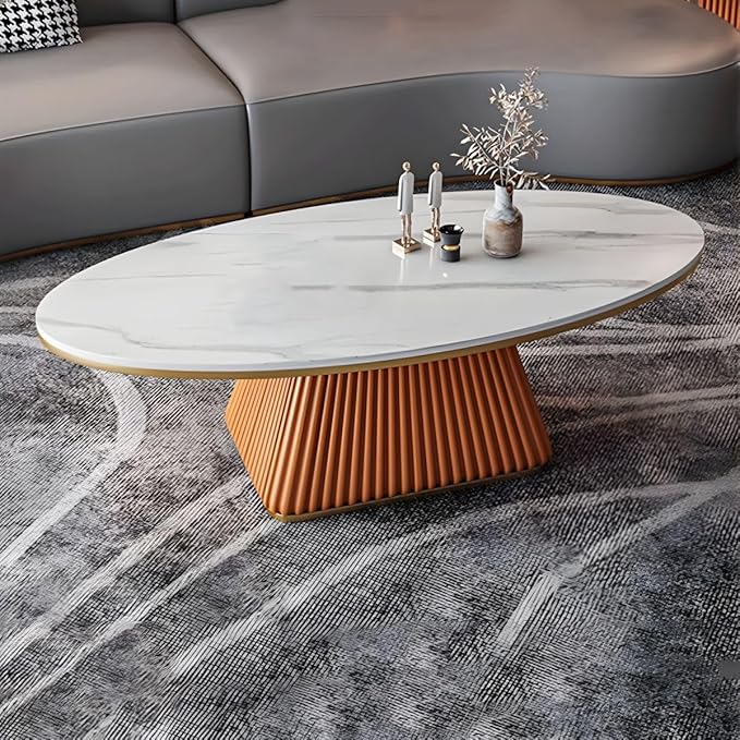 RUNNUP Oval Stone Coffee Table Modern Side End Table for Coffee Dinning Living Room Kitchen, Small Stand Contemporary Design Home Furniture Marble Table for Couch, 39.5"L x 19.5"W x 18"H White/Orange