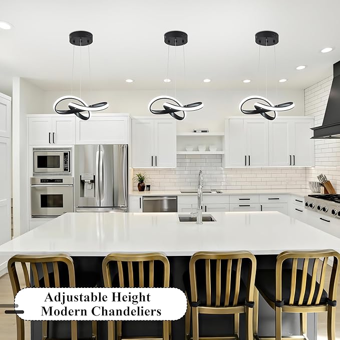 LED Chandelier Modern Pendant Light Fixture Simple Irregular Streamline Ring Light Black with 4500K and 59in Height Adjustable Hanging Lamp for Kitchen Island Hallway Foyer Closet Corridor