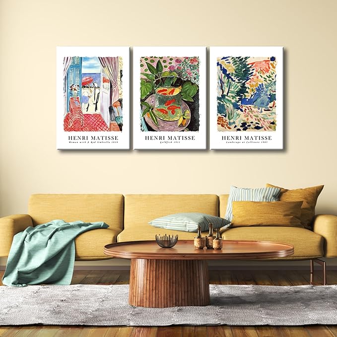 Wieco Art Large Canvas Wall Art 3 Piece Henri Matisse Aesthetic Posters Woman with A Red Umbrella Goldfish Landscape at Collioure Matisse Prints Posters for Wall and Home Decorations