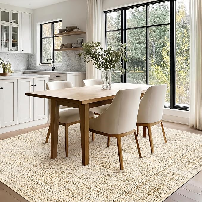 MIULEE 8x10 Vintage Washable Area Rugs Living Room Rug Low Pile Boho Floor Mat for Bedroom Dining Room Under Kitchen Table, Non-Slip Stain Resistant Soft Large Carpet for Home Decor, Neutral Beige