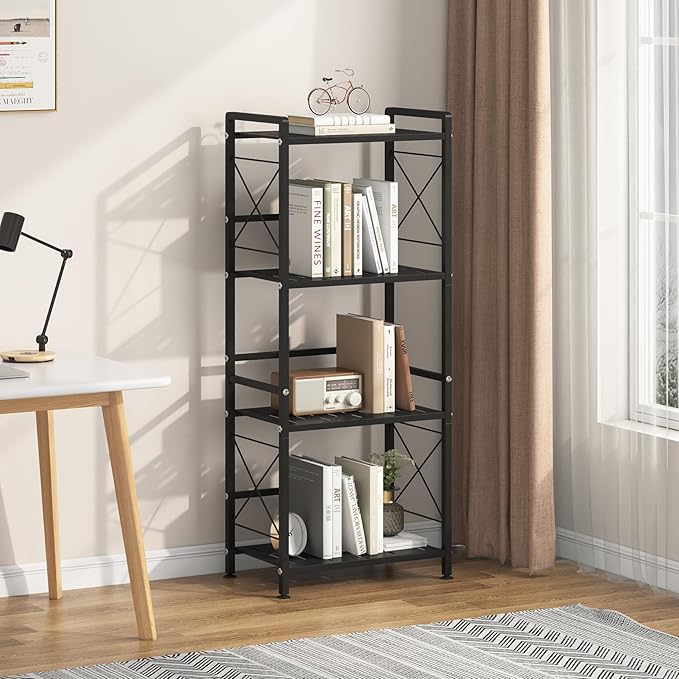 JSB 4 Tier Metal Bookshelf Bathroom Storage Standing Shelf Unit Kitchen Storage Organizer Display Rack Bookcases Shelves for Living Room, Bedroom, Office (Widen Black, 4 Tier)