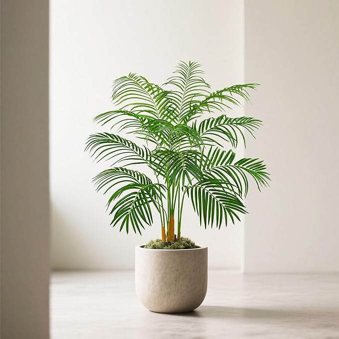 Artificial Fake Palm Tree 4FT Tropical Faux Palm Trees in Pot with 13 Trunks and Real Bark Design Areca Floor Plant Faux Palm Plant for Indoor Outdoor Home Decor