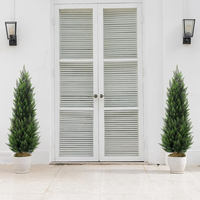 Artificial Topiary Cedar Trees 4FT Tall 2 Set, Outdoor Indoor Faux Pine Shrubs Plants, Realistic Fake Plants Front Porch Decor, Artificial Bushes Cypress for Home Front Door Offices