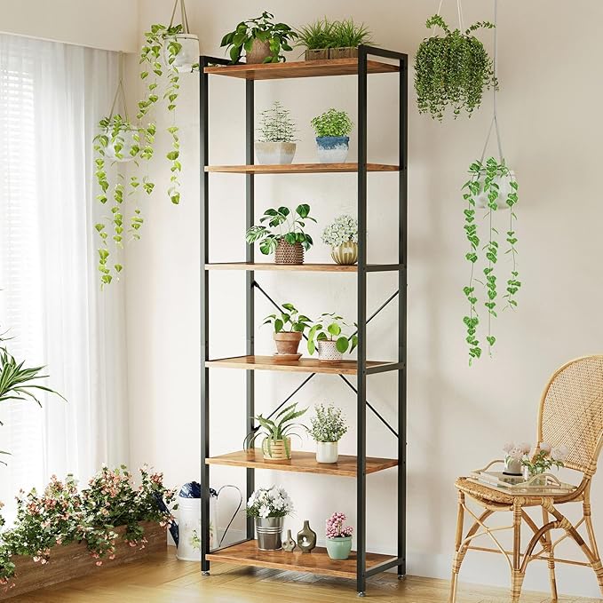 Casaottima Book Shelf, 6 Tier Tall Bookshelf, Modern Wood Bookcase Shelves for Bedroom, Industrial Display Shelf for Living Room Home Office Kitchen, Standing Shelving Unit Storage Organizer, Vintage