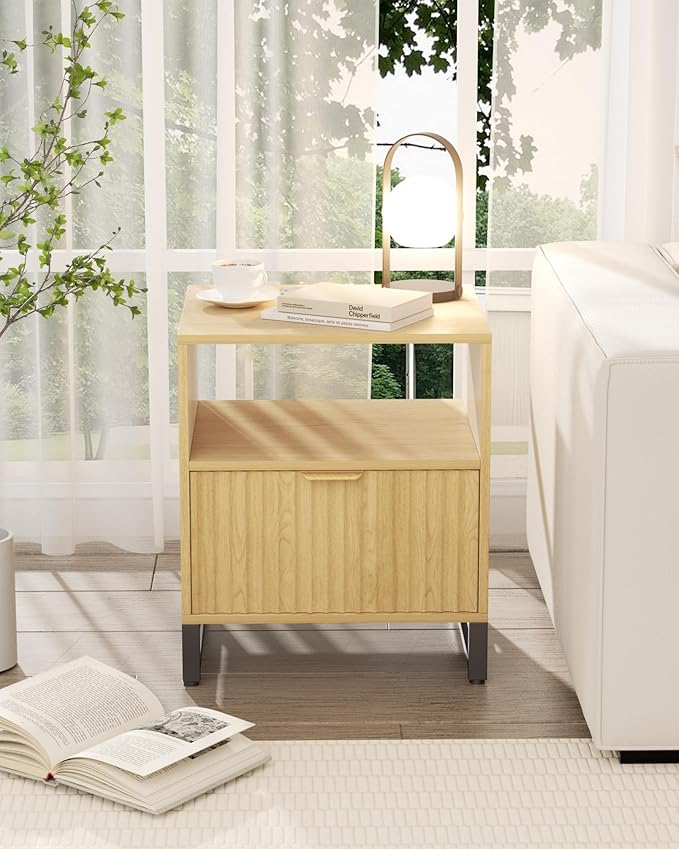 Fluted Night Stand with Charging Station, Wood Nightstand with Large Drawer and Open Storage Cabinet, Mid-Century Modern Bedside Table End Table for Bedroom Closet Office