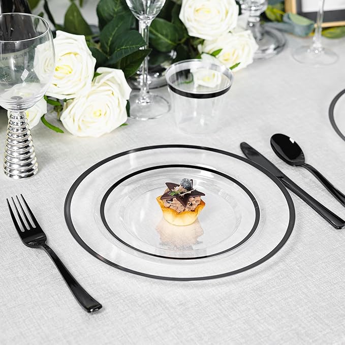 N9R 600PCS Black Disposable Plates, Heavy Duty Plastic Dinnerware Set for 100 Guests Includes 100 Dinner & Dessert Plates, Cups, Spoons, Forks, and Knives, Perfect for Parties, Weddings,and Daily Use