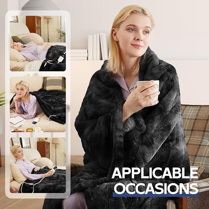 MAXEVE Electric Heated Throw Faux Rabbit Fur Blanket with 8 Heating Levels & 8 Hours Auto Off, Fast Heating Warm Cozy Sherpa Washable Blanket with Over-Heat Protection, ETL Certification, Grey