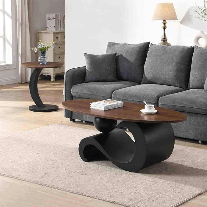2 Piece Living Room Set, Modern Nest Coffee Table Set of 2, Wooden Brown Tabletop Oval Coffee and End Table Set with Black Metal Geometric Base