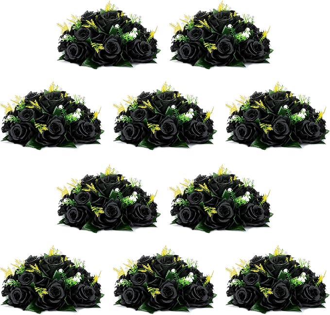 NUPTIO Black Roses Artificial Flowers Pcs of 10 Fake Flower Bouquet Black Hydrangea Flowers Artificial, 15 Heads Fake Roses with Base, Real Looking Black Artificial Flowers (Black)