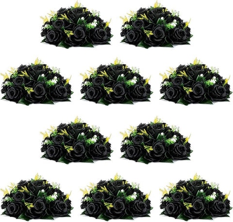 NUPTIO Black Roses Artificial Flowers Pcs of 10 Fake Flower Bouquet Black Hydrangea Flowers Artificial, 15 Heads Fake Roses with Base, Real Looking Black Artificial Flowers (Black)