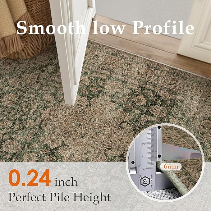 10x14 Green Vintage Area Rug for Living Room Bedroom Large Traditional Low Pile Soft Carpet Non-Slip Thin Retro Distressed Accent Washable Throw Rug for Dining Room Office Kitchen Indoor