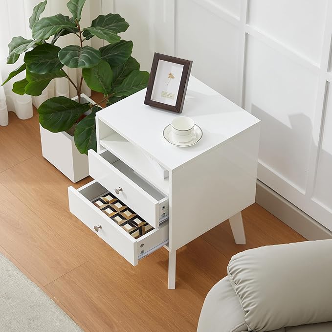 White Nightstand with 2 Drawers and Open Shelf Wooden Bed Side Table Storage Night Stand for Bedroom, Living Room