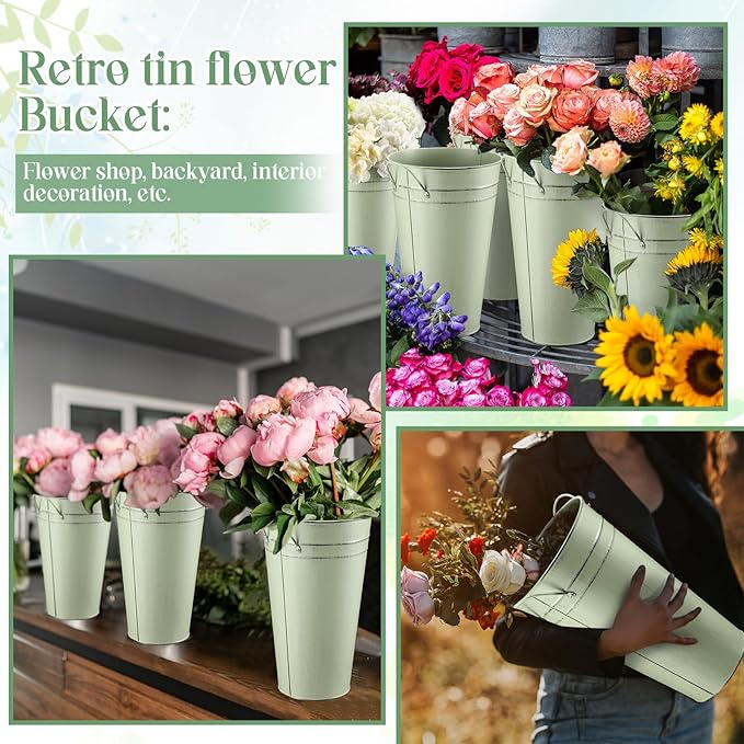 Irenare 12 Inch Vintage Galvanized Flower Bucket Metal Flower Vase Farmhouse French Bucket Planter Metal Floral Container for Party Table Centerpiece Weddings Home(Sage Green,6 Pcs)