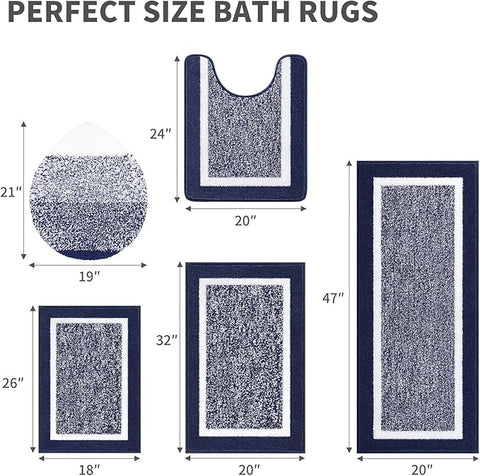Pauwer Bathroom Rugs Set 5 Piece, Plush Absorbent Microfiber Bath Mats for Bathroom, Non Slip Washable Bath Rug Set with U Shaped Contour Toilet Rugs, Shower Rug and Toilet Lid Cover, Navy Blue
