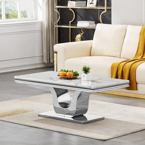 SSLine Rectangular Faux Marble Coffee Table for Living Room Modern Luxury White Marble Center Table with Silver Pedestal Base 46.8" Mid-Century Cocktail Table with Mirrored Stainless Steel Frame