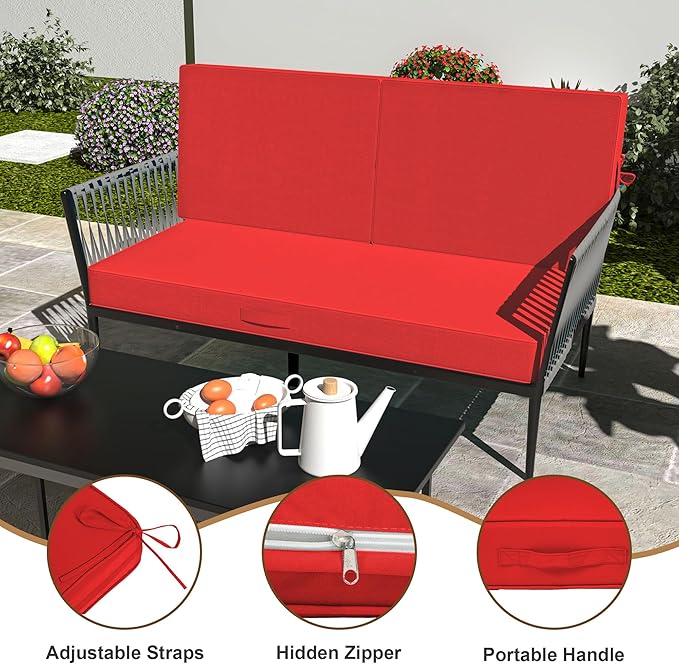 Outdoor Loveseat Cushion Set 46 x 26 Inch, Waterproof & Fade-Resistant Deep Seat Patio Cushions with Removable Cover, Ties & Hidden Zipper, Patio Love Seat Sofa Cushions for Sofa Bench Couch,Red
