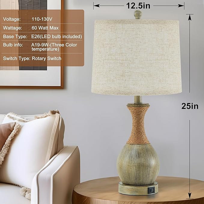 Bedside Table Lamp Set of 2 - Bedroom Table Lamps with 3 Color Temperatures - Boho Rattan Lamps with USB A+C Charging Ports Grey Farmhouse Living Room Lamps for Reading Bulbs Included