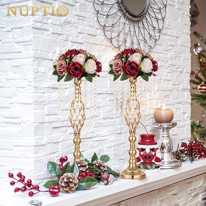 Nuptio Artificial Flower Centrepieces for Tables - 6 Pcs Burgundy & Dusty Rose & Creamy White Fake Flowers Roses Balls 9.5in Diam - Silk Faux Rose Arrangement for Wedding Party Centerpiece Table Decor