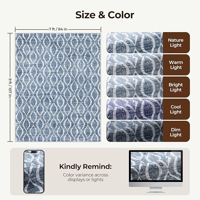 WITSHOCK Area Rugs 7x9: Washable Non-Slip Soft Geometric Low Pile Print Pattern Boho for Living Room Bedroom Dining Room, Large Thin Indoor Carpet for Nursery Playroom Decor, Kid & Pet Friendly, Blue