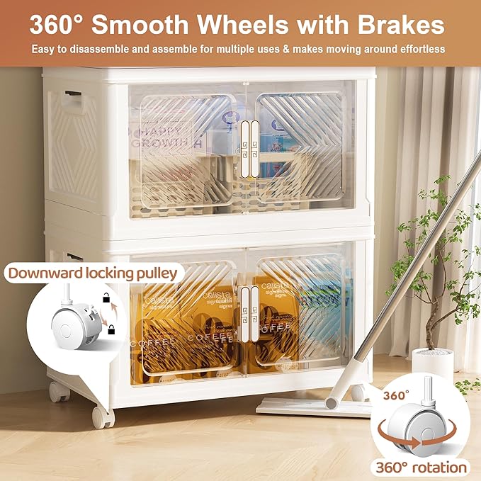 Storage Bins with Lid 76QT, Stackable Storage Containers with Wheels and Magnetic Doors, Plastic Clothes Closet Organizers and Storage Box for Pantry, Home and Office(2 Pack)