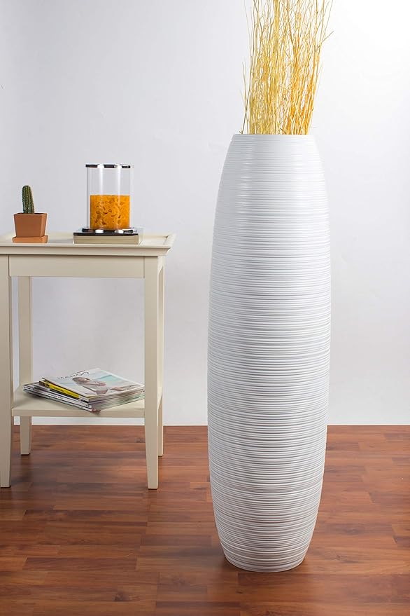 Leewadee Large White Home Decor Floor Vase – Wooden 36 inches Tall Farmhouse Decor Flower Holder for Fake Plant and Pampas Grass