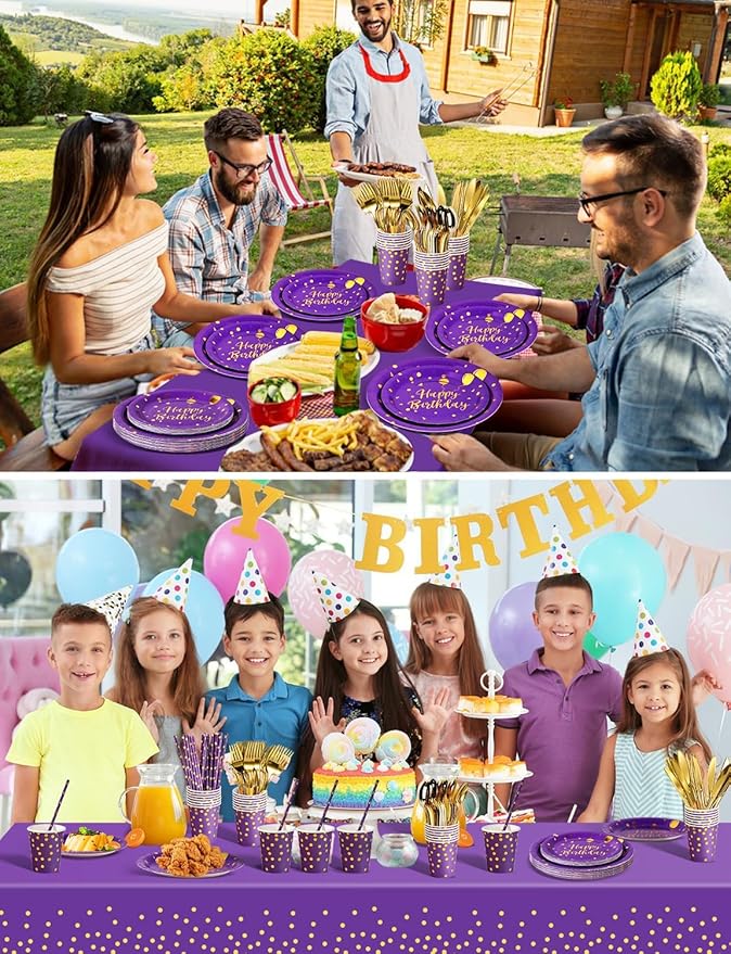 Birthday Party Tableware, 161 Pieces Purple Gold Party Supplies, Dinnerware Sets Include Paper Plates Napkins Cups Silverware, for Shower Engagement Parties Decoration -20 Serves