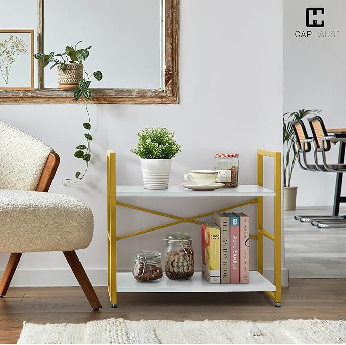 CAPHAUS 3 Tier Small Bookshelf, 24 Inch Width Free Standing Shelf, Bookcase Shelf Storage Organizer, Industrial Book Shelves for Home Office, Living Room, White Wooden Shelves & Gold Frame
