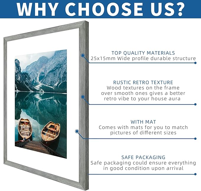 20x28 Picture Frame Set of 2, Rustic Grey Wood Style - Display 16x24 Picture with Mat or 20 x 28 Poster without Mat, Wall Mounting Horizontal and Vertical