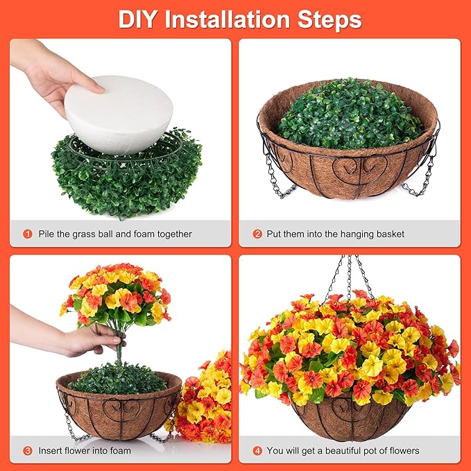 Artificial Hanging Flowers with Basket, Faux Silk Petunias Flower Arrangement, Coconut Lining with Morning Glories Fake Plants Patio Garden Porch Deck Fall Decor(Orange Yellow)