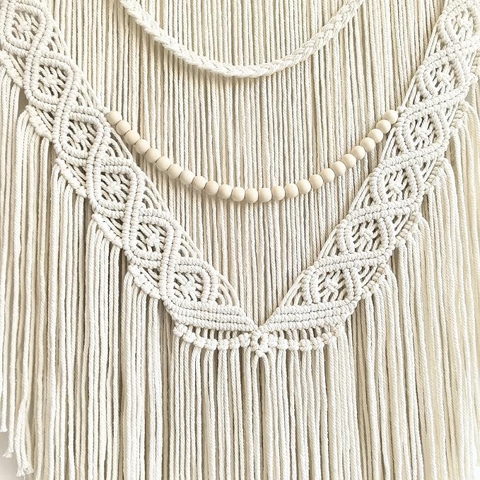 Large Macrame Wall Hanging, 27'' W x 36'' L Boho Art Tapestry Wall Decor for Urban entryway,Living Room,Bedroom Decor, headboard Woven, Big Fiber Art Over Couch (Wood Bead)