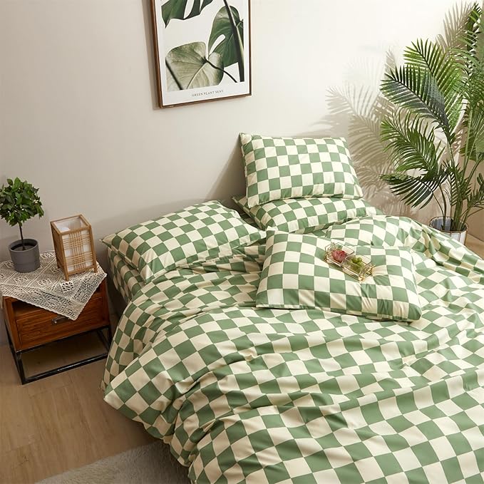 CLOTHKNOW Green White Plaid Comforter Set Twin/Twin XL Grid Bedding Comforter Sets Buffalo Checnker Comforter Soft Green White Comforter Sets