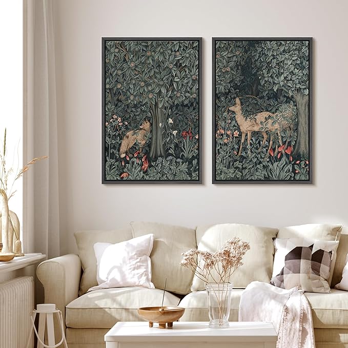 MUDECOR Framed Canvas Print Wall Art Enchanting Forest Wildlife Prints Deer & Fox in Woodland Nature Wilderness Illustrations Realism Decorative for Living Room, Bedroom, Office - 16"x24"x2 Black