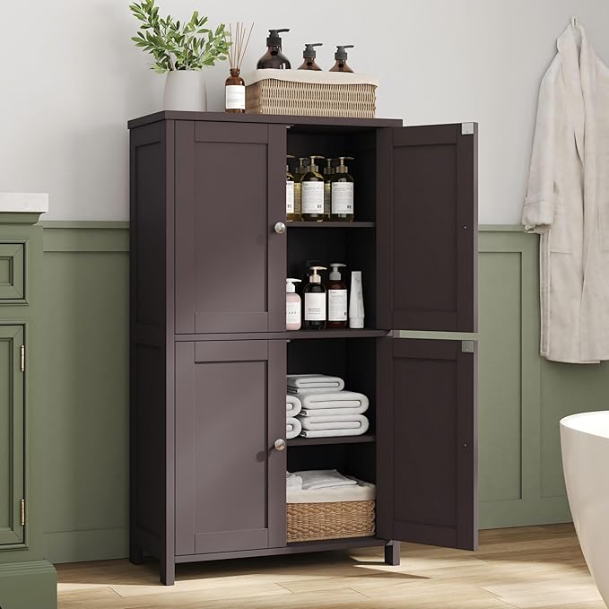 Nuturelly Bathroom Floor Storage Cabinet, Freestanding Pantry Cabinets with 4 Doors & 3 Adjustable Heights, Bathroom Organizers and Storage with Waterproof Board & Metal Handles for Kitchen, Brown