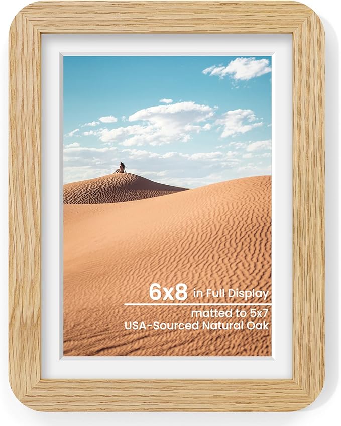 6x8 Round Corner Picture Frame, Solid Oak Wood Frame With Mat For 5x7 And Plexiglass, Includes Hanging Hardware For Wall Or Tabletop Photo Frame, Natural Oak, 1 Pack