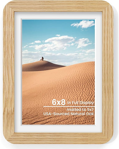 6x8 Round Corner Picture Frame, Solid Oak Wood Frame With Mat For 5x7 And Plexiglass, Includes Hanging Hardware For Wall Or Tabletop Photo Frame, Natural Oak, 1 Pack