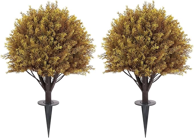 27" Fall Cedar Topiary Trees Artificial Outdoor, Set of 2 Faux Bushes and Shrubs with Ground Spike, UV Resistant Realistic Large Fake Ball Plants for Front Porch Outside Planters Backyard Decor