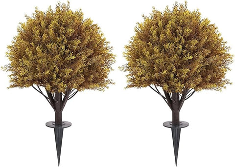 27" Fall Cedar Topiary Trees Artificial Outdoor, Set of 2 Faux Bushes and Shrubs with Ground Spike, UV Resistant Realistic Large Fake Ball Plants for Front Porch Outside Planters Backyard Decor