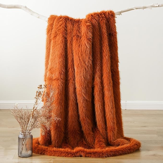 BATTILO HOME Luxury Fall Faux Fur Throw Blanket, Orange Faux Fur Blanket for Couch, Home Decor, Fall Decor, Soft Fluffy Fur Throws with Long Pile, 50"x60"