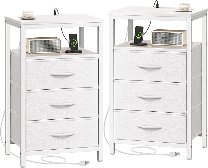 Huuger Nightstands Set of 2, 27.6 Inch End Tables with Charging Station, Bedside Tables with Drawers, PU Leather Finish, USB Port and Outlet, Night Stands for Bedroom, White