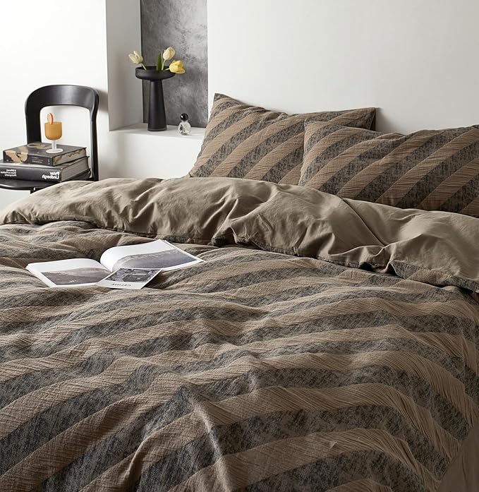 VM VOUGEMARKET Striped Bedding Duvet Cover King,3 Pieces Grey Khaki Diagonal Stripes Duvet Cover Sets,Linen Cotton Modern Simple Jacquard Comforter Cover with Zipper Ties