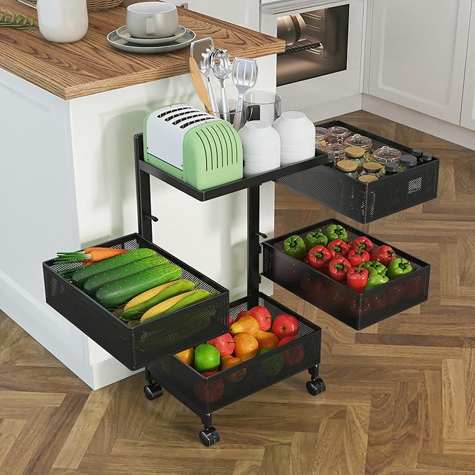 Bathroom Rotating Storage Cart No Assembly Required 4-Tier Metal Sturdy Fruit Basket for Kitchen, Rolling Vegetable Storage Rack,Bathroom Shelf,Storage Drawer Cart (Black, 4 Tier-Square)