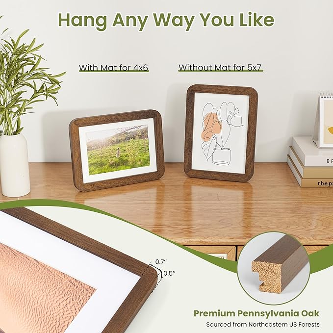 5x7 Round Corner Picture Frame, Solid Oak Photo Frame Matted For 4x6 With Plexiglass, Ready To Hang On Wall Or Stand As Tabletop Framing, Walnut, 1 Pack