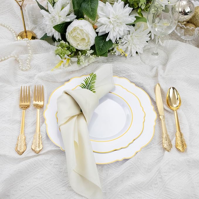 Liacere 350PCS Gold Plastic Plates-Disposable White and Gold Plates 50guest Baroque Plastic Dinnerware include 100Plates, 50Pack Pre Rolled Napkins with Silverware 50Cups for Wedding&Fall Decor