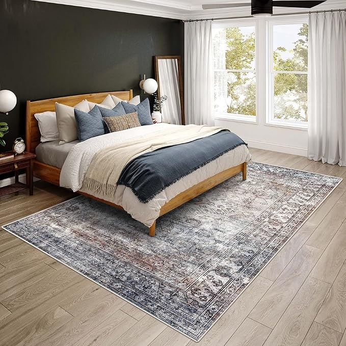 vivorug 8x10 Area Rugs - Ultra-Thin Washable Rug with Non-Slip Backing, Ideal for Living Room, Bedroom, Kitchen Floor Carpet - Vintage Style, Easy Clean, Durable, Low Pile Rug (Taupe/Stone)