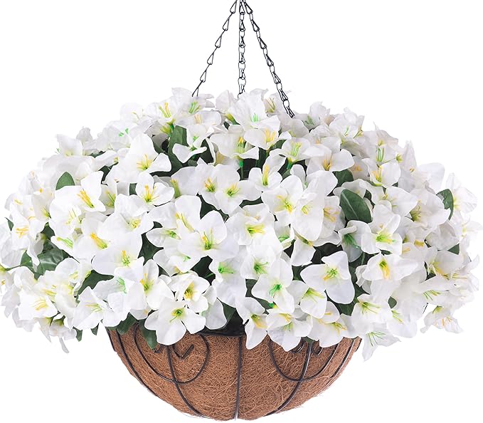 Artificial Hanging Flowers Plant with Basket for Outdoors, Fake Hanging Plants Silk Bougainvillea in Planter Look Real UV Resistant Faux Flower for Porch Patio Garden Home Decor (White-New)