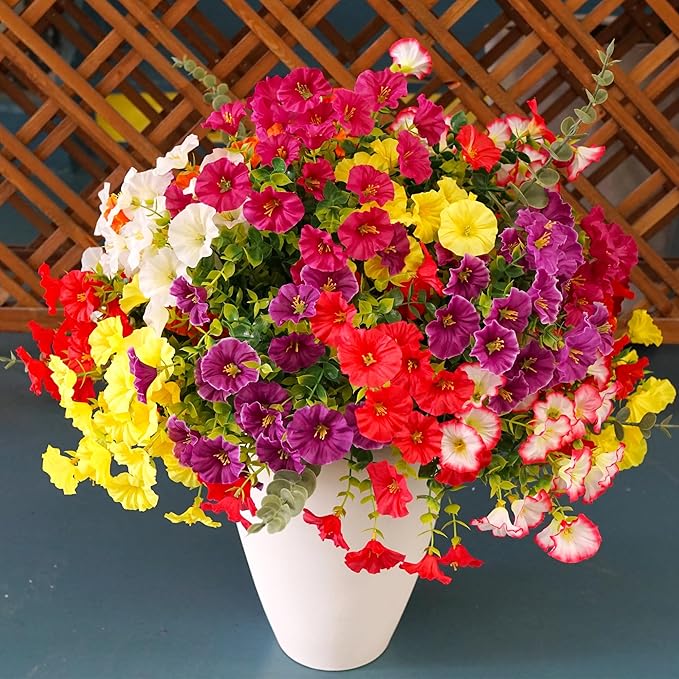 Artificial Outdoor Flowers Fake Plants for Spring Summer Decoration 20 Bundles Silk Morning Glory + 6 Eucalyptus Stems UV Resistant Colorful Faux Flowers for Outside Planter Porch Yard Patio Balcony