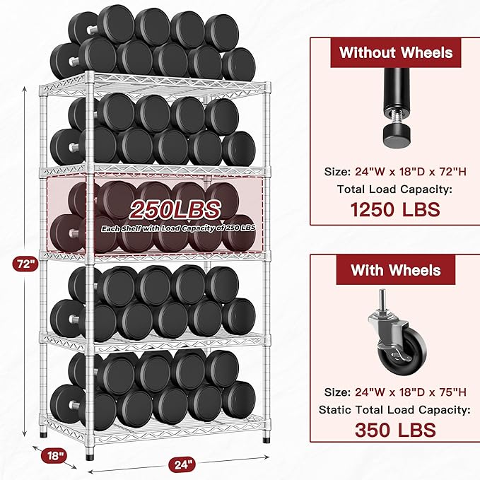 PrimeZone 3 Pack Steel Storage Wire Shelving 5 Tier Metal Shelves with Wheels,Adjustable Kitchen Utility Shelving Unit,Pantry Rack Rolling Metal Shelf Laundry,Chrome 24" Wx18 Dx75 H