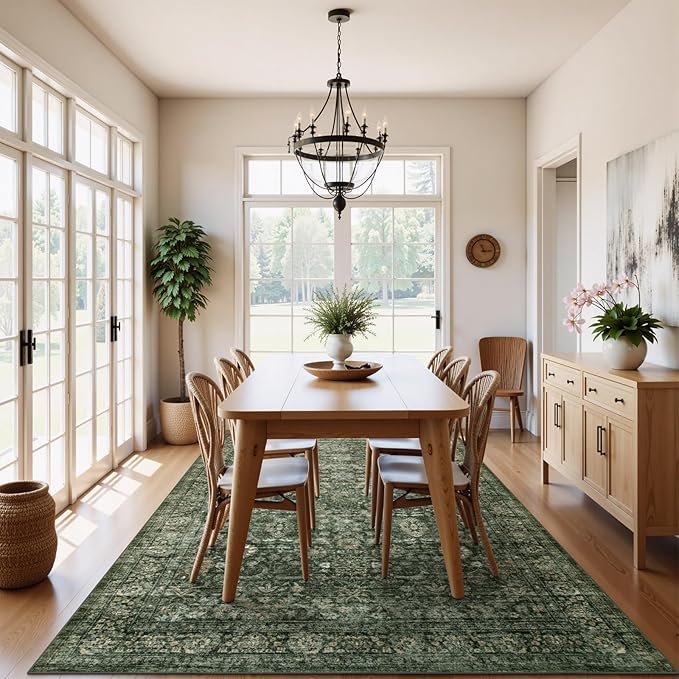 Morebes Washable Dark Green Area Rugs 6x9, Vintage Boho Large Living Room Rugs Non Slip, Distressed Soft Indoor Accent Floor Mat Throw Carpet for Nursery Kitchen Coffee Table Dining Dorm