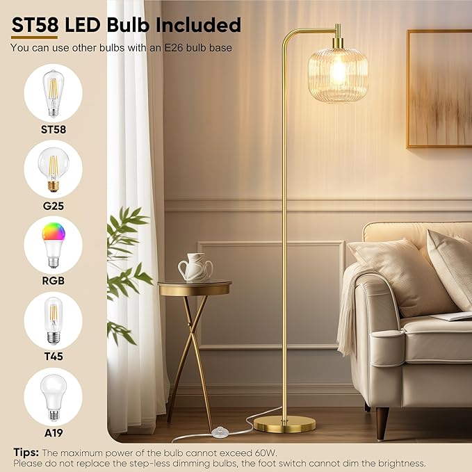 QiMH Glass Floor Lamp for Living Room, Modern Standing Lamp with Ribbed Clear Glass Lampshade Pedal Switch, 67” Tall Lamp for Bedroom Study Room, Brushed Gold (2700K LED Bulb Included)
